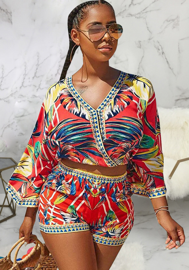 Print V-Neck 3/4 Sleeve Crop Top and High Waist Shorts 2PCS Set