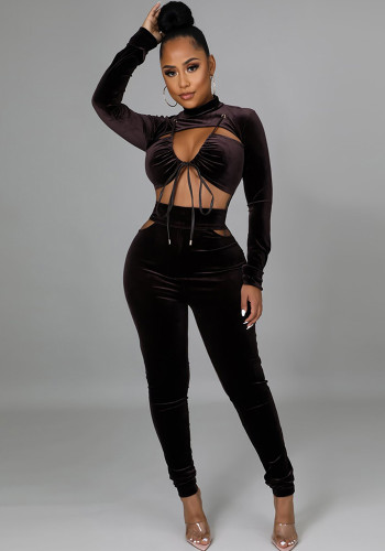 Brown Velvet Cut Out Long Sleeves Bodycon Jumpsuit