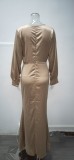 Khaki Silk V-Neck Long Sleeve Tight Mermaid Maxi Dress