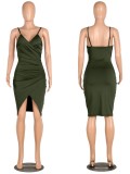 Green Cami V-Neck Ruched Slit Mini Dress