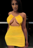 Yellow Cami Halter Sleeveless Keyhole Mini Fitted Dress