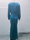 Green Silk V-Neck Long Sleeve Tight Mermaid Maxi Dress