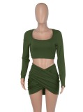 Green Square Neck Long Sleeve Crop Top And Wrap Mini Dress 2PCS Set