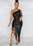 Black Sequins Mesh Patch Cami High Slit Bodycon Maxi Dress
