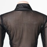 Black Mesh Button Long Sleeves Blouse and Velvet Pants 2PCS Set
