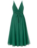 Green Deep-V Cami Backless A-line Mesh Long Dress with Belt