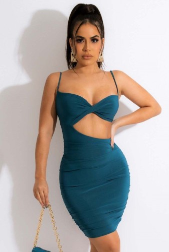 Blue Cami Cut Out Ruched Slinky Midi Dress