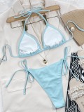 Blue Ribbed Cami Halter Bikini Two Piece Set