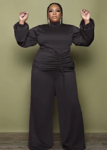 Plus Size Black Round Neck Puff Sleeve Ruched Drawstring Top and Loose Pants 2PCS Set