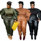 Plus Size Orange PU Leather Puff Sleeve Round Neck Top and Tight Pants 2PCS Set