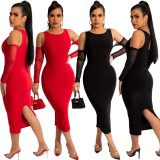 Red Mesh Patched 0-Neck Long Sleeve Slit Midi Dress