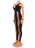 Black See Through V-Neck Zipper Up Sleeveless Fitted Tank Jumpsuit