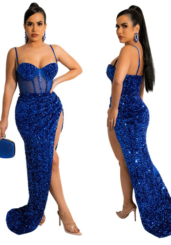 Blue Sequins Mesh Patch Cami High Slit Bodycon Maxi Dress