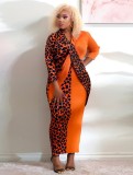 Plus Size Leopard Print Orange V-Neck Long Sleeves Bodycon Maxi Dress