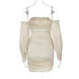 Khaki Silk Off Shoulder Long Sleeve Ruffle Ruched Mini Dress