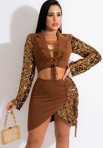 Multicolor Sequins Brown Lace Up Long Sleeve Crop Top And Mini Dress 2PCS Set