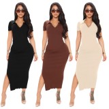 Black Ribbed Short Sleeves Side Slit Bodycon Long Dress