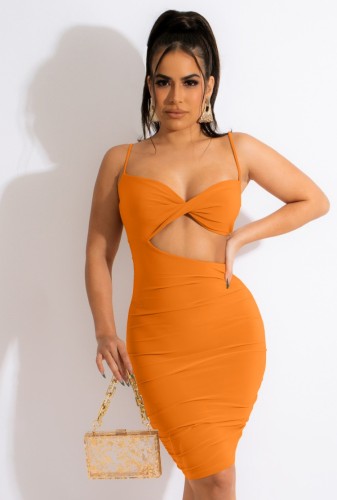 Orange Cami Cut Out Ruched Slinky Midi Dress