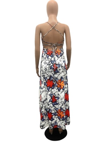 Leaf Print White Hollow Out Cami Sleeveless Backless Maxi Dress