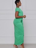 Green Slant Shoulder Short Sleeve Ruched Irregular Long Dress