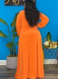 Plus Size Orange V-Neck Keyhole Long Sleeve Slit Loose Maxi Dress
