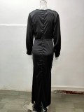 Black Silk V-Neck Long Sleeve Tight Mermaid Maxi Dress