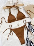 Brown Ribbed Cami Halter Bikini Two Piece Set