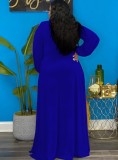 Plus Size Blue V-Neck Keyhole Long Sleeve Slit Loose Maxi Dress