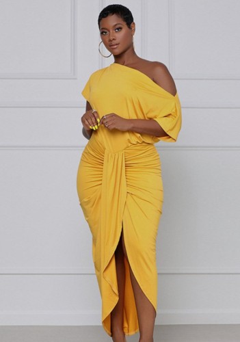Yellow Slant Shoulder Short Sleeve Ruched Irregular Long Dress