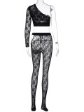 Black Lace Cut Out One Shoulder Single Sleeve Crop Top And See Through Pant 2PCS Set