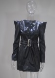 Black Faux Leather V-Neck Long Sleeve Tight Mini Dress with Belt