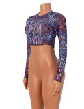 Print Blue Mesh Translucent O-Neck Long Sleeve Tight Crop Top