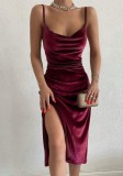 Red Velvet Sleeveless Cami Slit Midi Dress