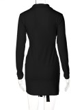 Black Turndown Collar Deep-V Tied Belt Long Sleeve Mini Dress