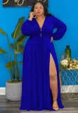 Plus Size Blue V-Neck Keyhole Long Sleeve Slit Loose Maxi Dress