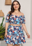 Plus Size Floral Print Off Shoulder Short Sleeves Crop Top and Mini Skirt 2PCS Set