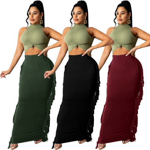 Sexy Tassel Trim Army Green Bodycon Long Skirt