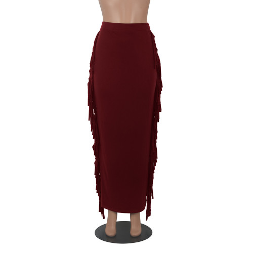 Sexy Tassel Trim Burgundy Bodycon Long Skirt