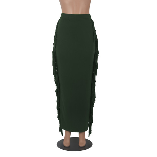 Sexy Tassel Trim Army Green Bodycon Long Skirt