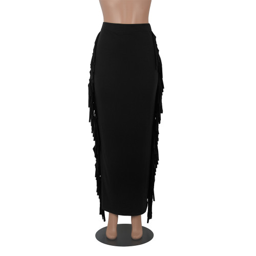 Sexy Tassel Trim Black Bodycon Long Skirt