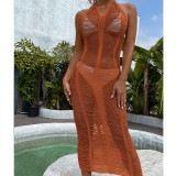 Sexy Khaki Halter Knitting Hollow Out Long Beach Dress Cover Ups