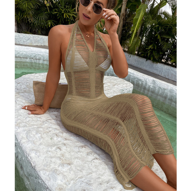 Sexy Khaki Halter Knitting Hollow Out Long Beach Dress Cover Ups