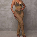 Orange Hollow Out Beach Cover Up Knitting Sleeveless Jumpsuit