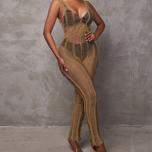 Khaki Hollow Out Beach Cover Up Knitting Sleeveless Jumpsuit