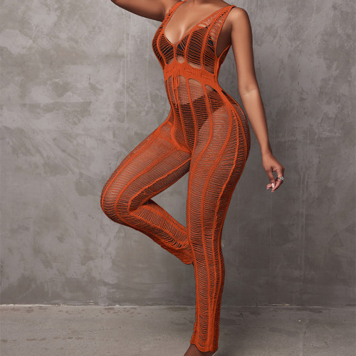 Orange Hollow Out Beach Cover Up Knitting Sleeveless Jumpsuit