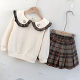 Baby Girl Beige Kintted Long Sleeve Top and Mini Plaid Skirt 2PCS Set