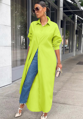 Green Button Open Turndown Collar Long Sleeves Maxi Blouse