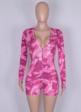 Camo Print Pink Ribbed V-Neck Long Sleeves Button Up Skinny Rompers