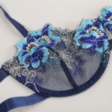 Embroidery Blue Cami Bra And Panty Lingerie 2PCS Set