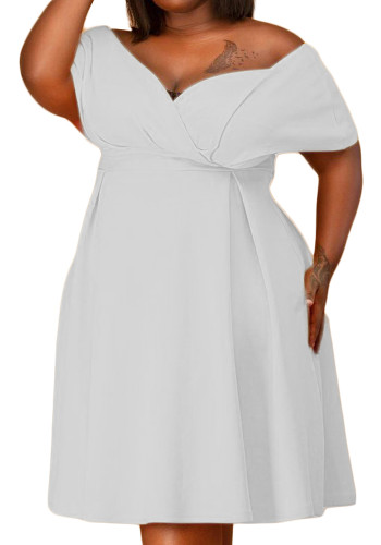 Plus Size White Solid Off Shoulder Short Sleeves Midi Dress